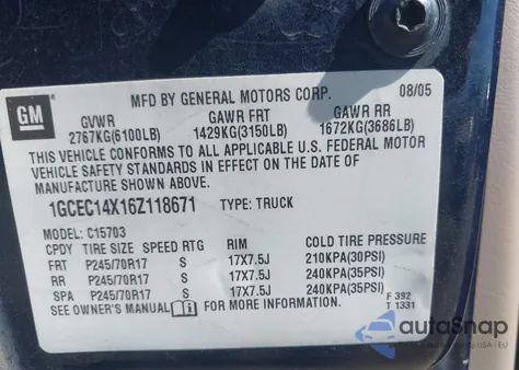 2006 Chevrolet Silverado 1500 Ls z USA, uszkodzony, nr VIN 1GCEC14X16Z118671